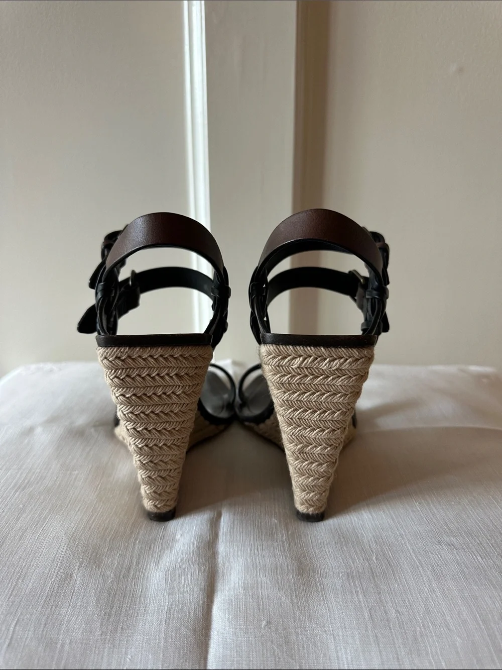 Saint Laurent Brown Leather Wedge Sandals with Espadrille Heel